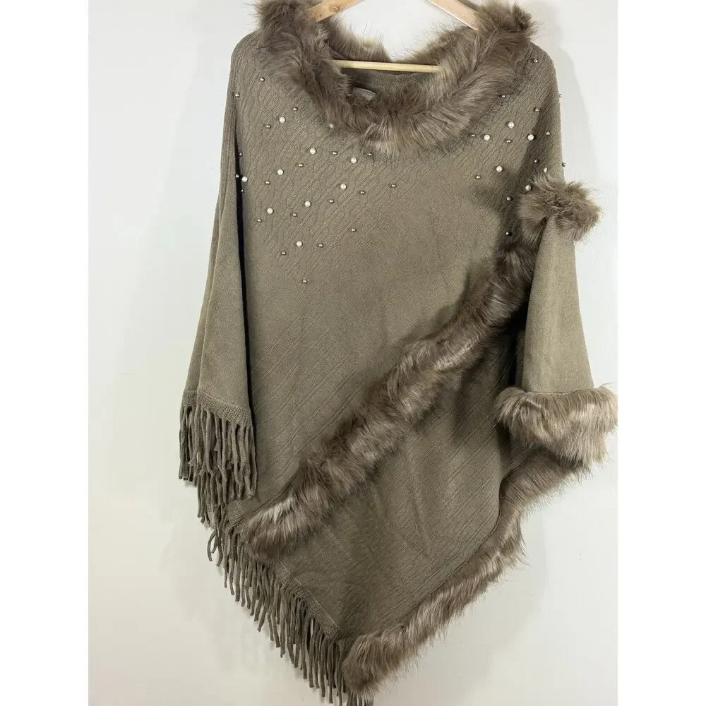 Northern Angel Women’s Fur L XL Taupe Poncho Shawl Mob Wife